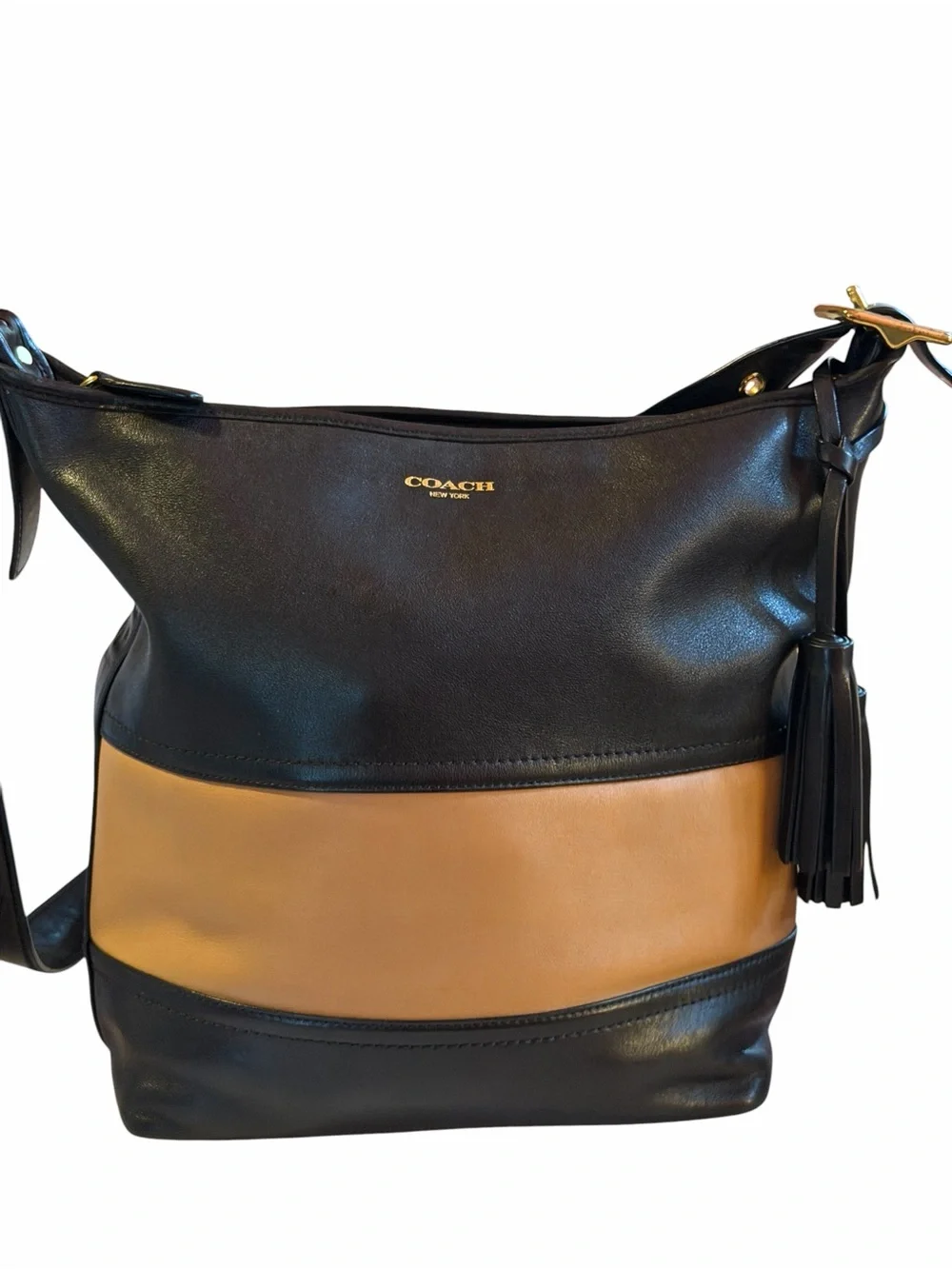 Coach Legacy Leather Colorblock Tassel Shoulder Crossbody Bag Black Tan Large